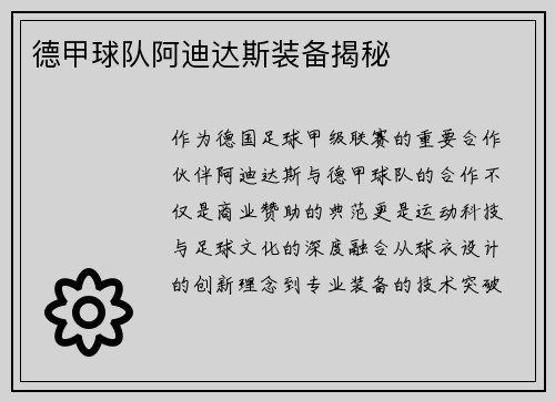 德甲球队阿迪达斯装备揭秘