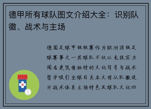 德甲所有球队图文介绍大全：识别队徽、战术与主场